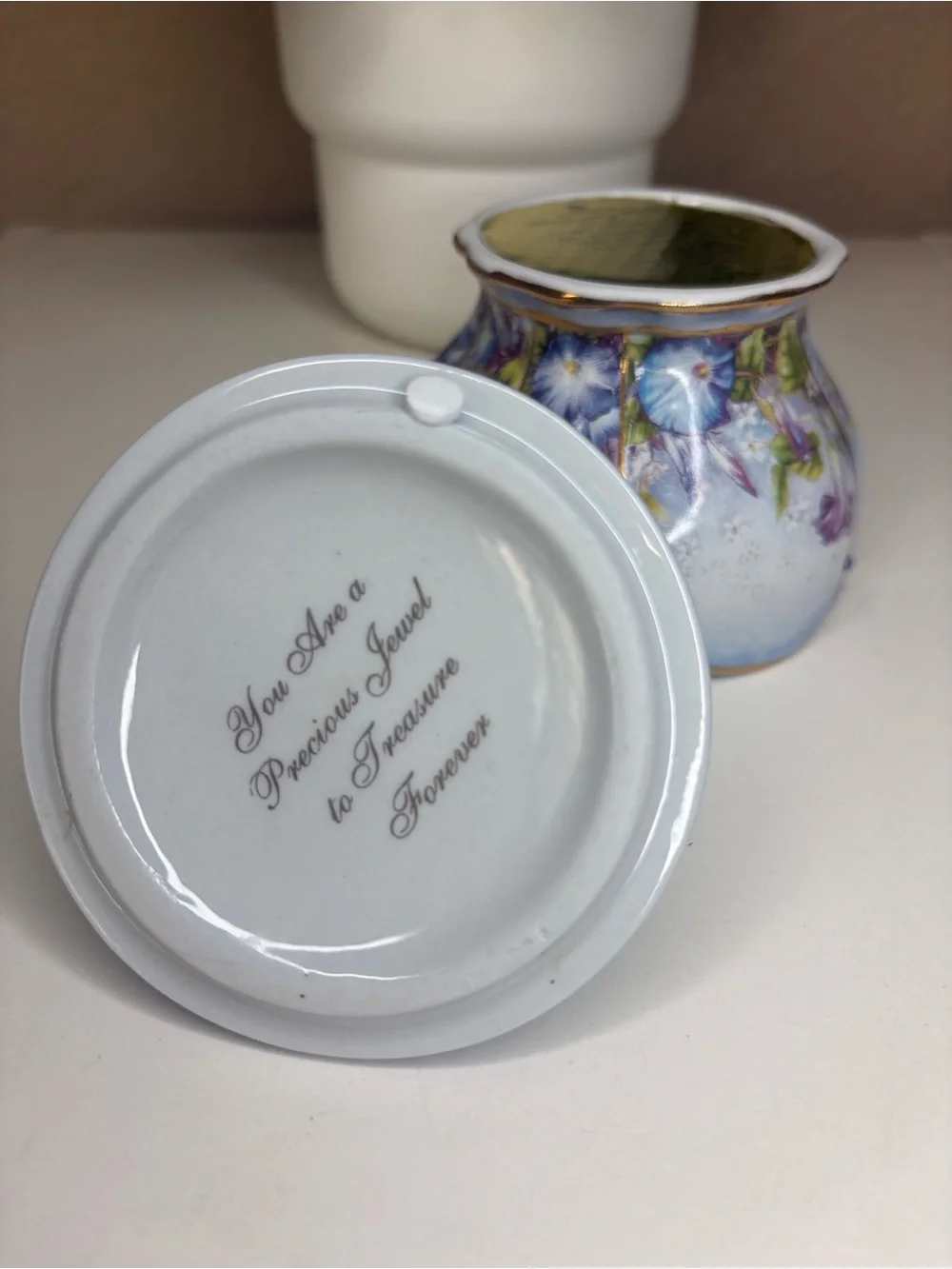 Blue Butterfly Ceramic Trinket Jar with Floral Accent